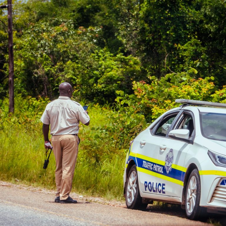 "South African police officer in front of police car illustrating crime underreporting, household burglary, theft, and assault issues."