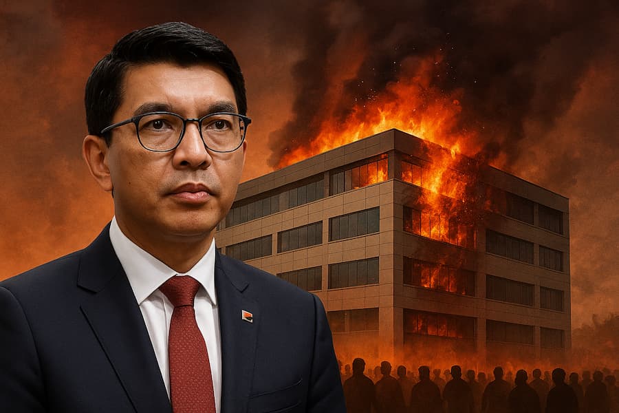 Andry Rajoelina: 5 Shocking Reasons His Company’s HQ Was Sacked Image illustrating the violent sacking of Andry Rajoelina’s company headquarters in Madagascar, reflecting power struggles, corruption debates, and opposition pressure.