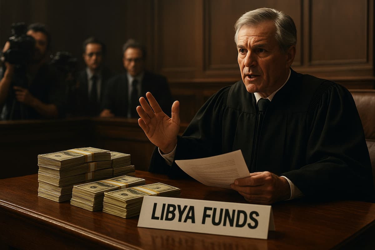 Libya funds: 5-Year Shock Sentence Exposes Dark Secrets Libya funds case verdict in courtroom showing judge, stacks of money, and media coverage