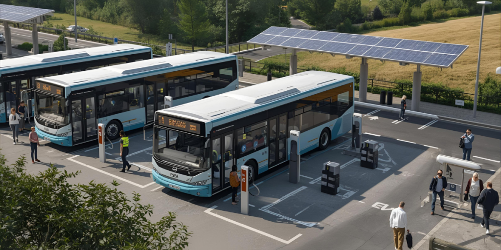 EV infrastructure with zero-emission buses charging at stations in the UK
