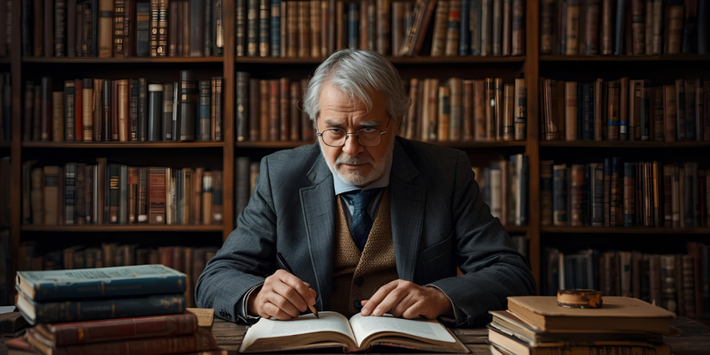 Kannemeyer Criticism depicted as a literary critic deeply analyzing manuscripts in a library