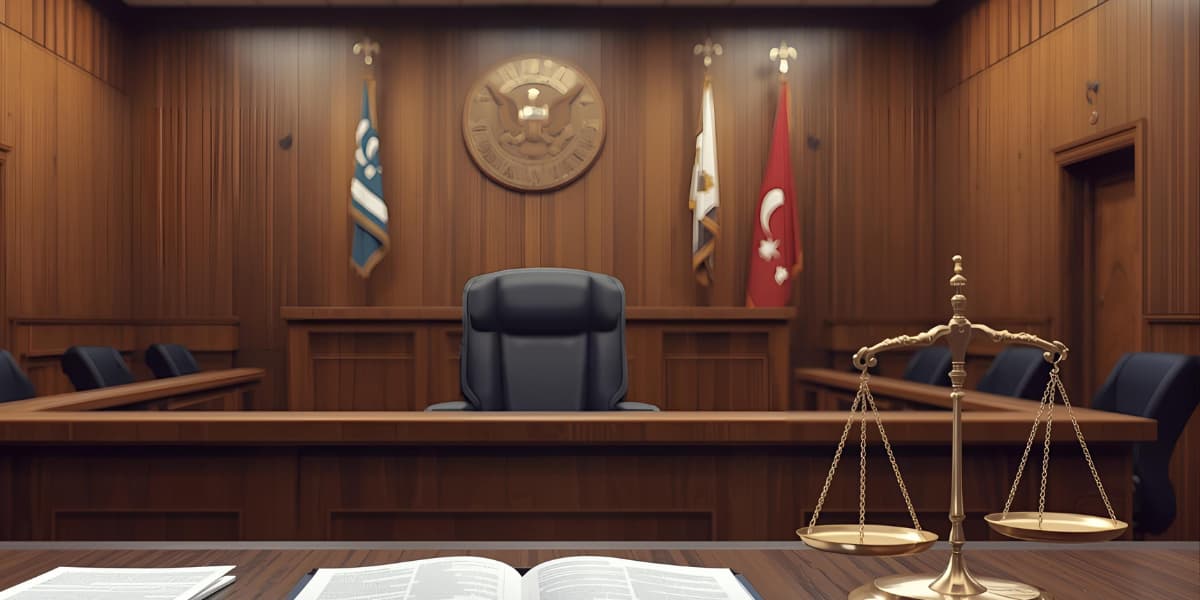 courtroom scene for girlfriend rape case showing judge bench, witness stand, and scales of justice