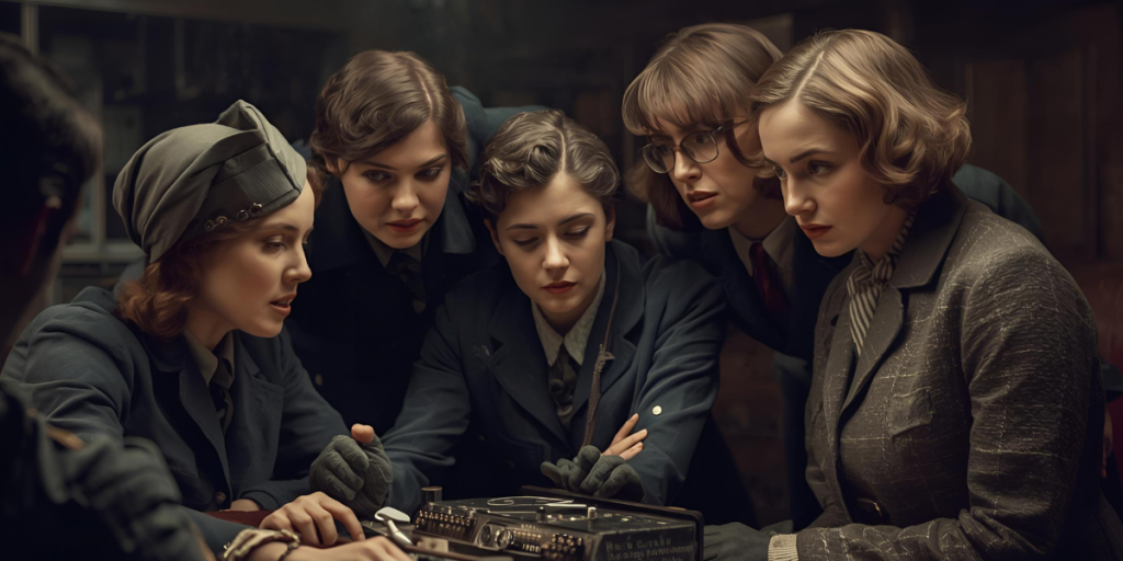 Daisy Spy Ring: Shocking Secrets Revealed Daisy Spy Ring female operatives working with vintage radio and cipher machine during WWII